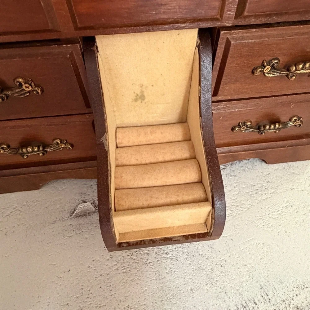 Vintage Wooden Jewelry Box Miniature Dresser Chest Mirror Ring Drawer Organizer